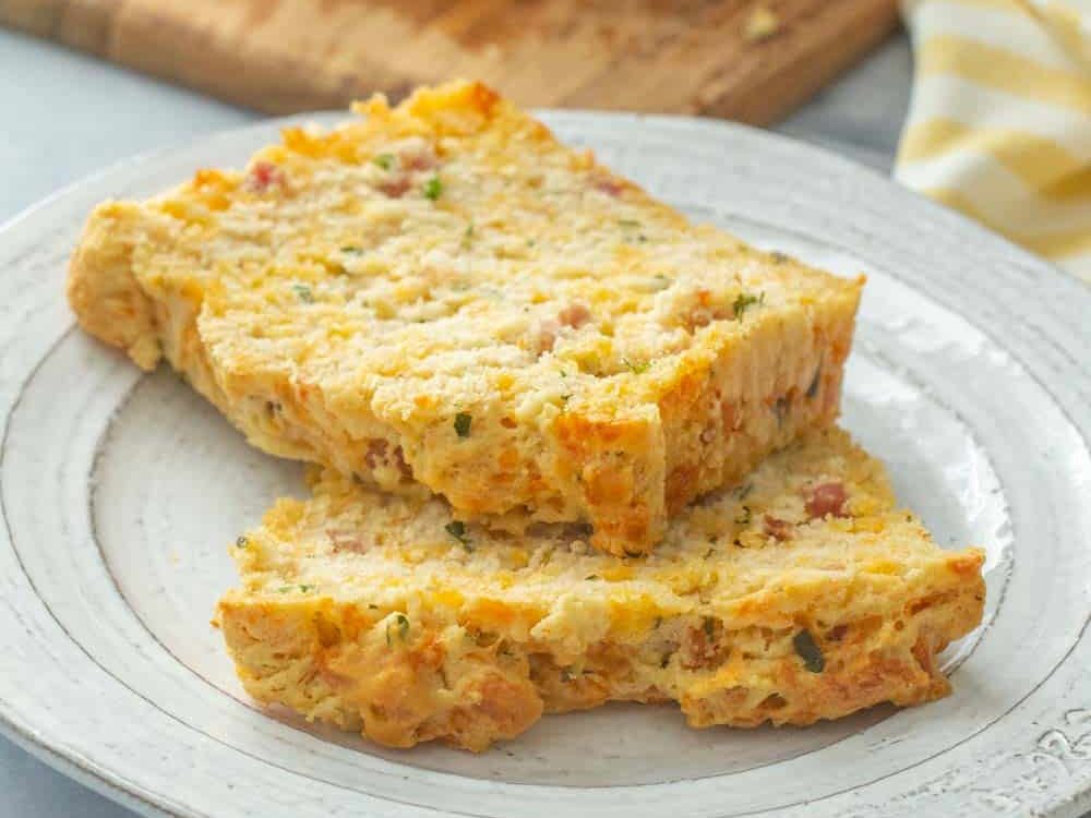 sliced beer bread on a gray plate