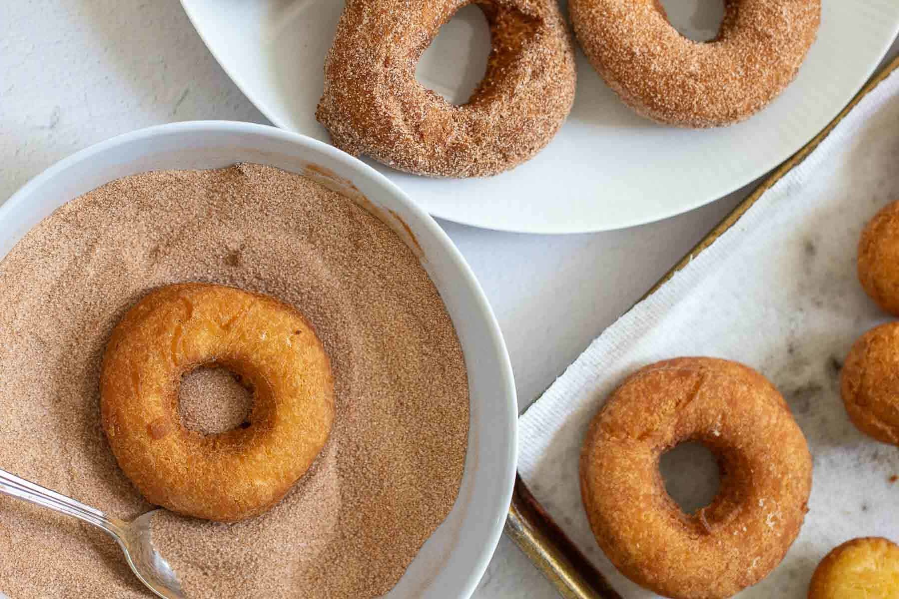 donuts on plate and in cinnamon sugar