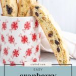 Cranberry pistachio biscotti in a festive red-patterned mug, placed on a white surface. Text reads "Easy cranberry pistachio biscotti.