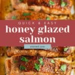 A dish with honey-glazed salmon fillets garnished with herbs in a baking pan. Text overlay reads: "Quick & Easy Honey Glazed Salmon - stetted.com.