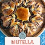 A round Nutella star bread topped with powdered sugar on a wooden plate, viewed from above. A banner reads "Nutella Star Bread" with a website link.