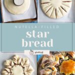 Four images showing the process of making Nutella-filled star bread from dough shaping to finished golden brown bread.