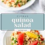 A plate of citrus quinoa salad with chickpeas, diced vegetables, and citrus slices on a white surface, accompanied by a fork.