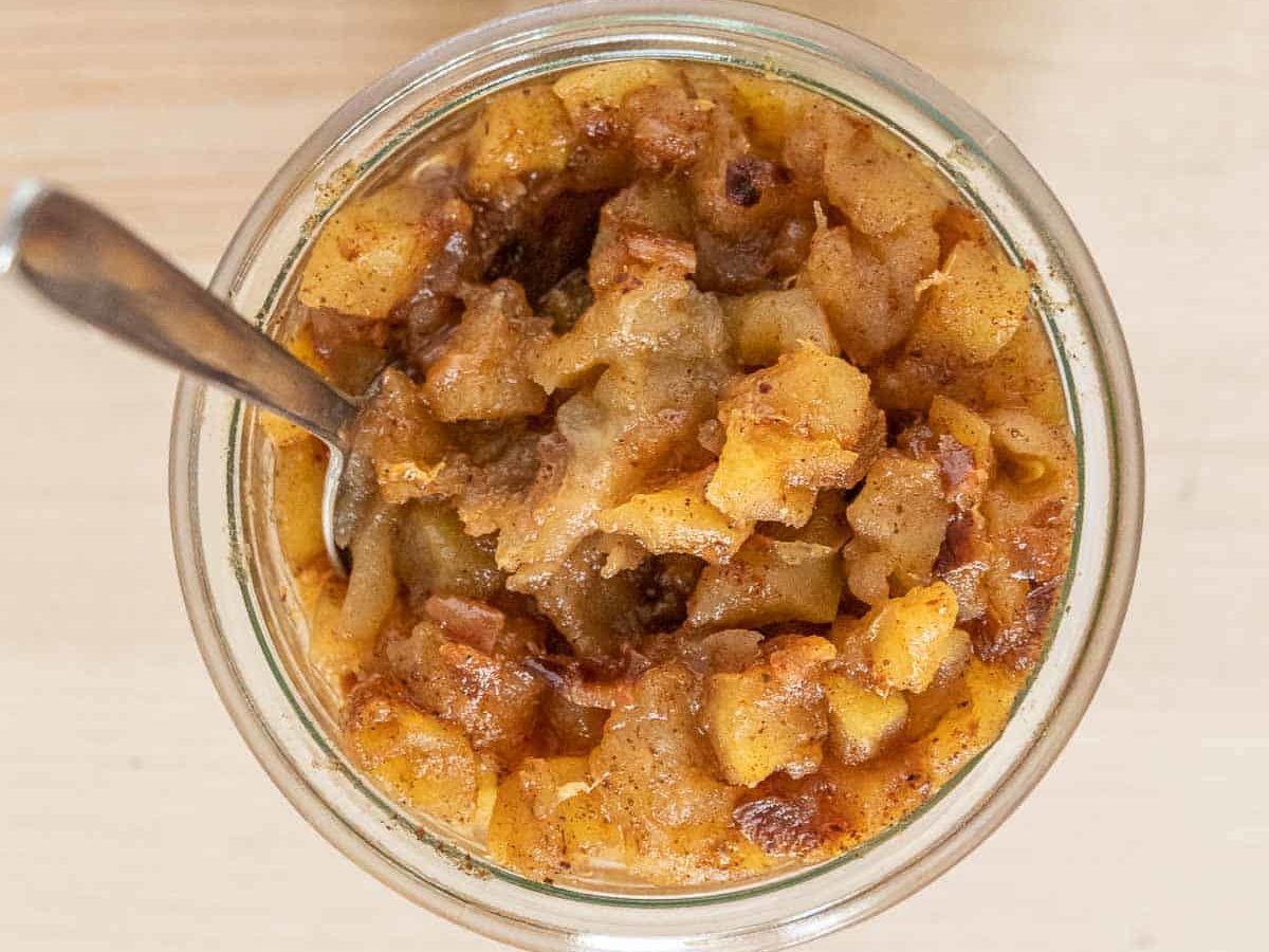 Apple compote in a jar from above.