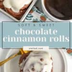 Chocolate cinnamon rolls with white icing in a baking dish and on a plate, next to a cup of coffee and a decorative napkin. Text overlay reads: "Soft & Sweet Chocolate Cinnamon Rolls stetted.com".