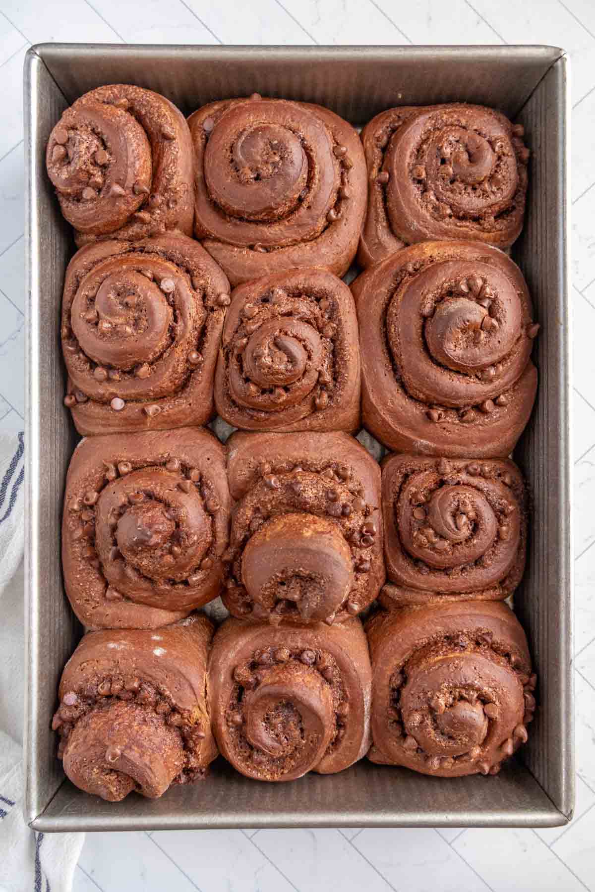 A rectangular baking pan filled with twelve chocolate rolls, each with a spiral shape and small chocolate chunks on top. The rolls are evenly arranged in four rows of three.