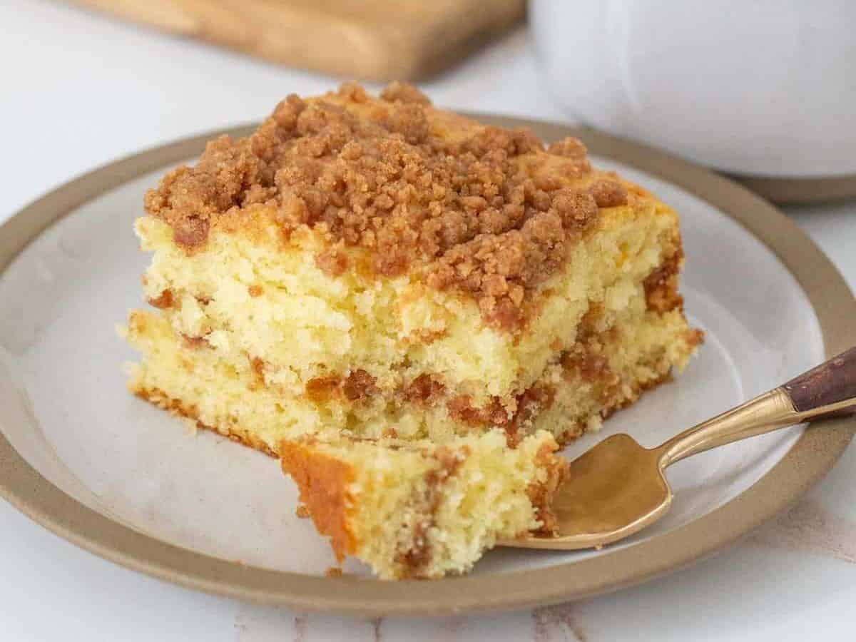 cinnamon coffee cake with piece on fork