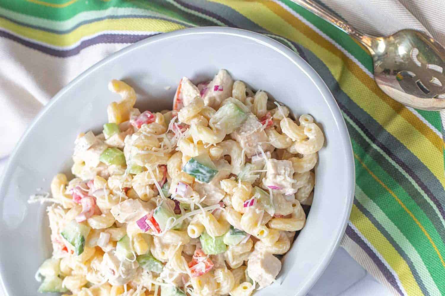 serving dish of chicken pasta salad