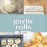 Collage of steps to make garlic rolls: mixing dough, rolling, shaping, and baking. Final image shows golden rolls topped with garlic and herbs.