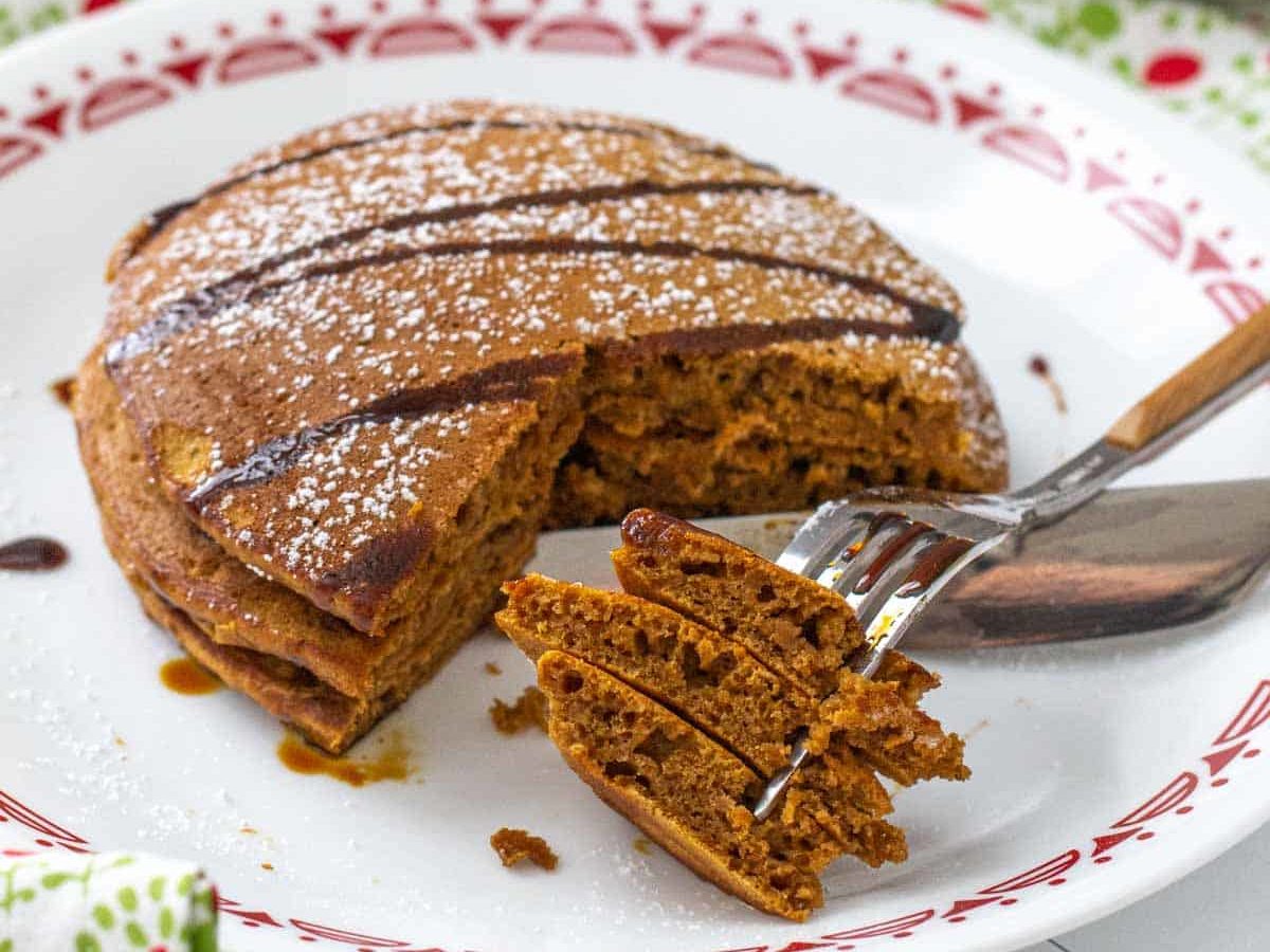 cut pieces of gingerbread pancakes on plate