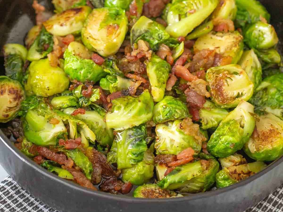 black serving bowl with maple bacon brussels sprouts