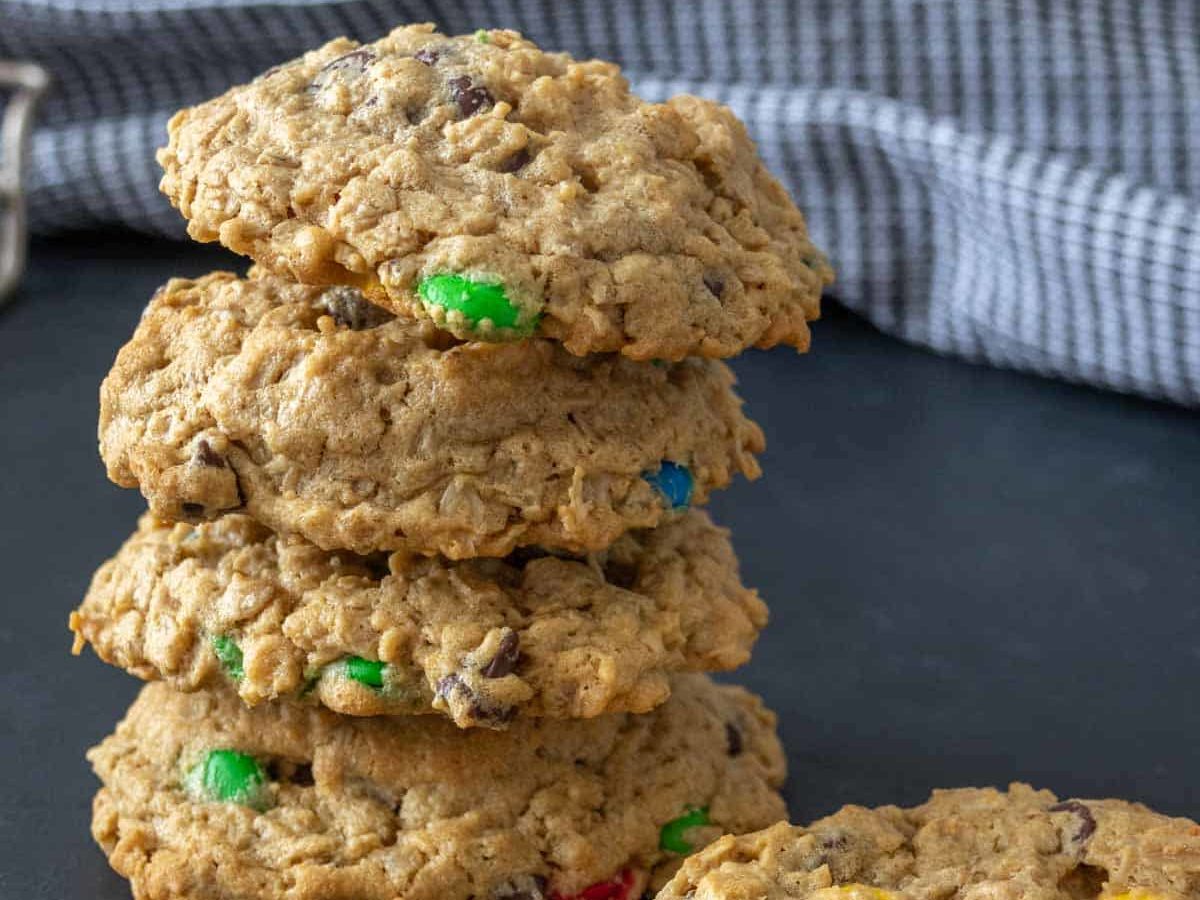 Stacked monster cookies.