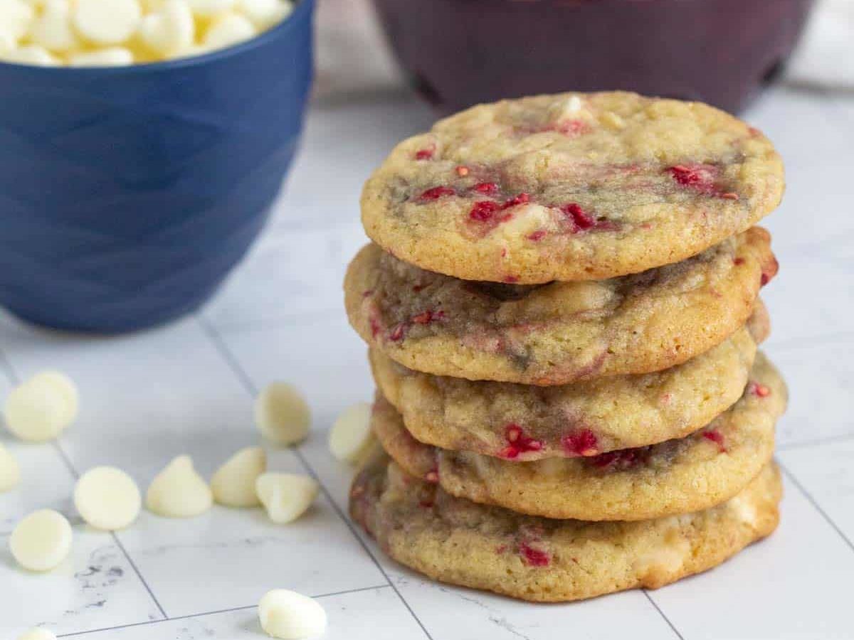 stack of raspberry white chocolate cookies