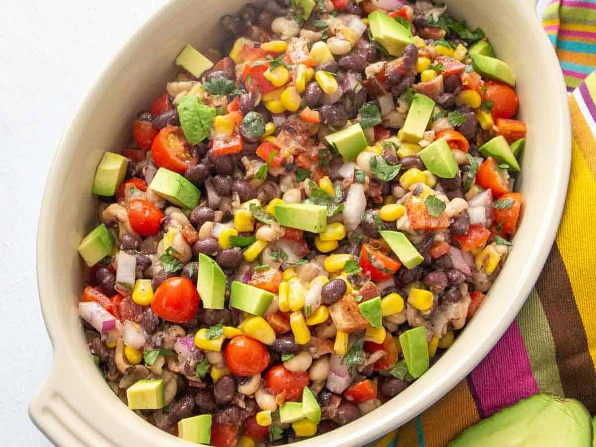 texas caviar with avocado in a serving dish