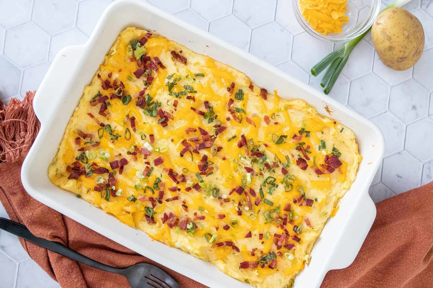 overhead of twice baked mashed potato casserole