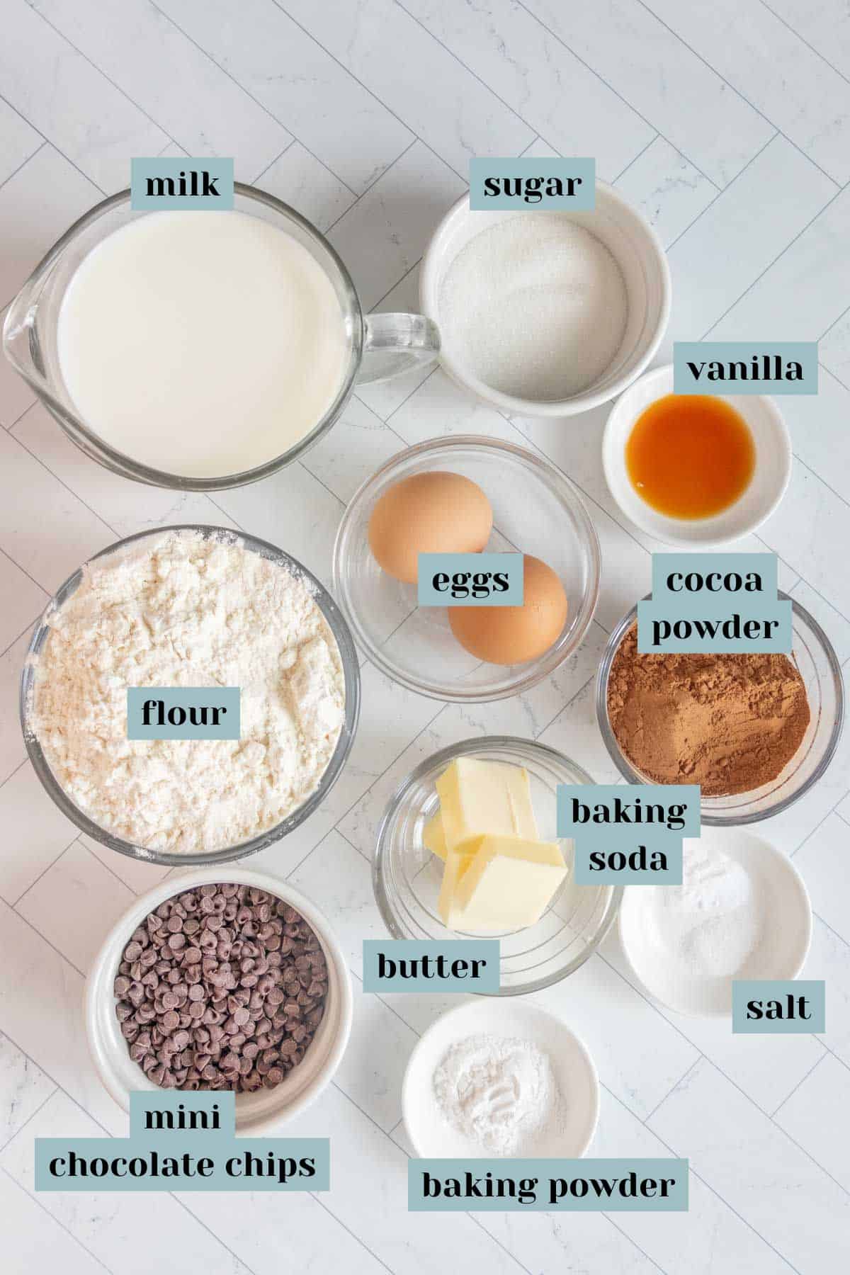 Labeled ingredients for baking include milk, sugar, vanilla, eggs, flour, cocoa powder, baking soda, salt, butter, baking powder, and mini chocolate chips on a white surface.