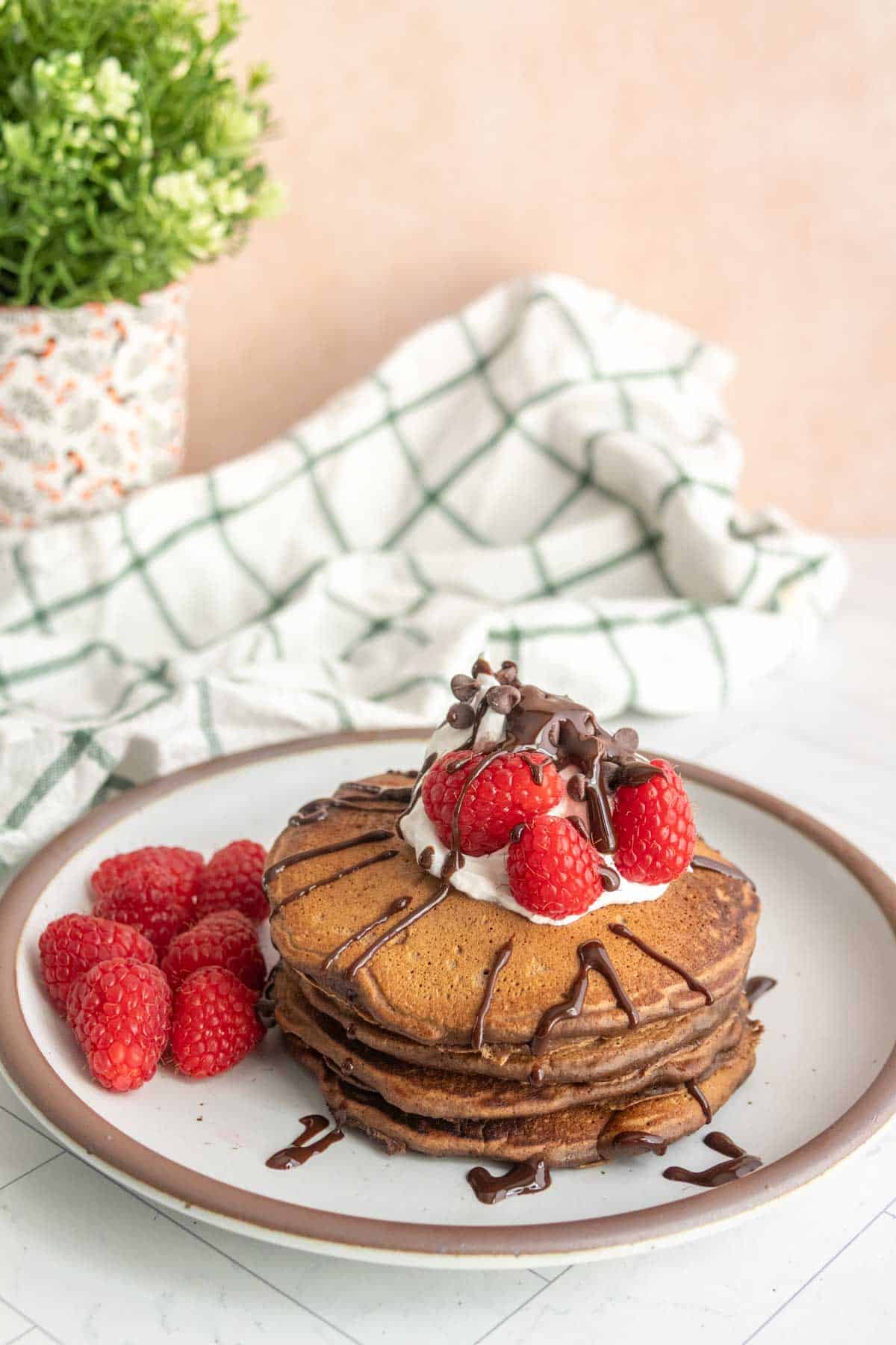 Pancakes topped with whipped cream, chocolate drizzle, and raspberries on a plate. Garnished with additional raspberries on the side. Green plant and checkered towel in the background.