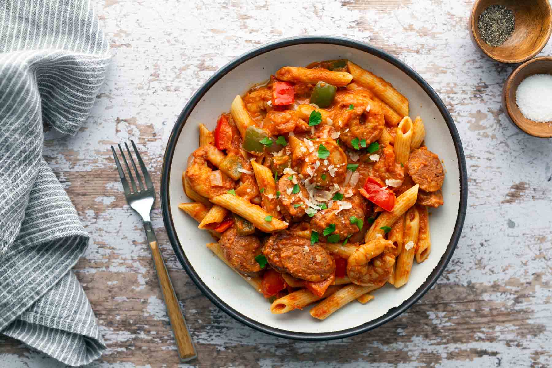 A bowl of penne pasta with sausage, red and green bell peppers, topped with parsley and grated cheese. A fork and a striped napkin are on the side, with bowls of salt and pepper nearby.