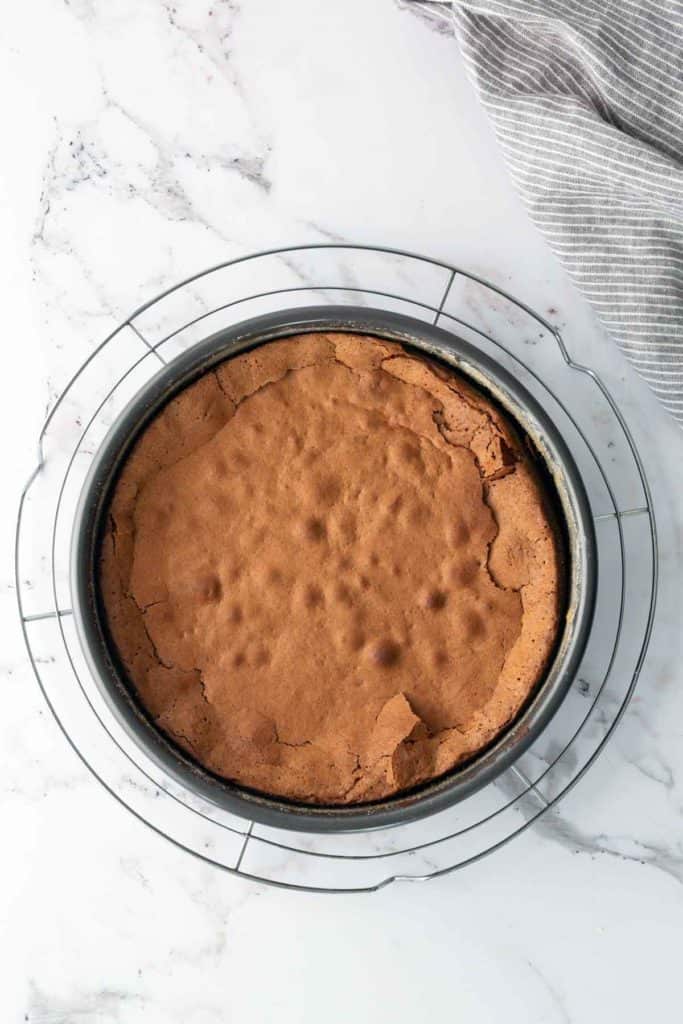 Round chocolate cake in a springform pan on a marble countertop next to a striped cloth.